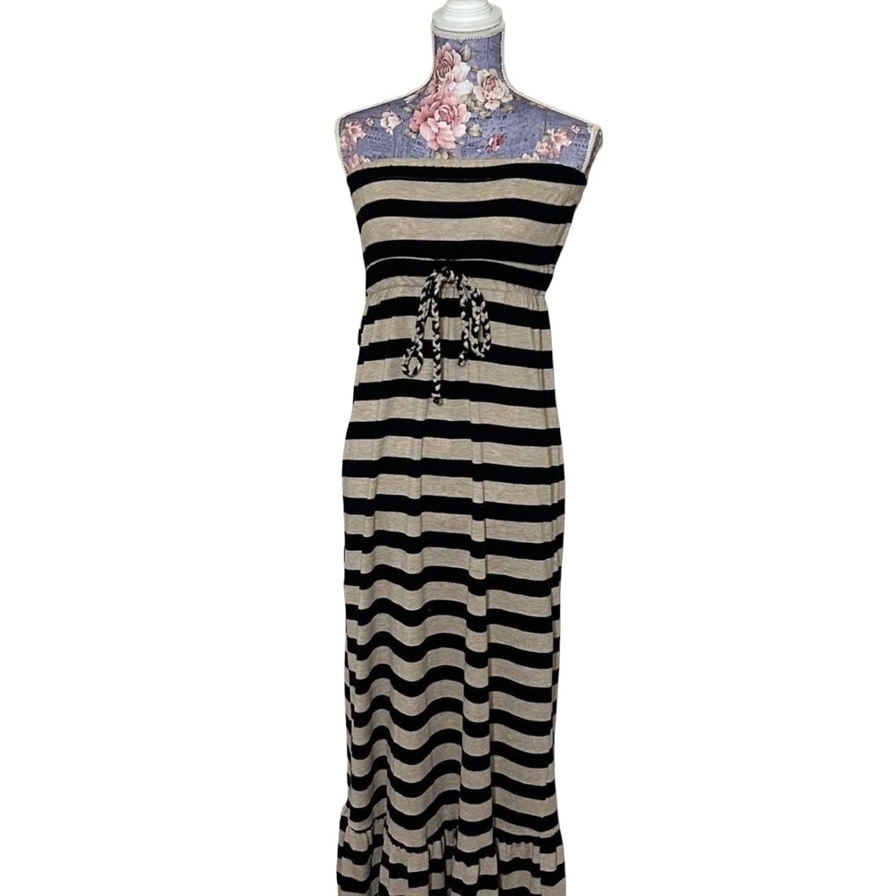 Weavers Womens Strapless Maxi Dress Small Tan Black Striped‎ Ruffle Hem Knit